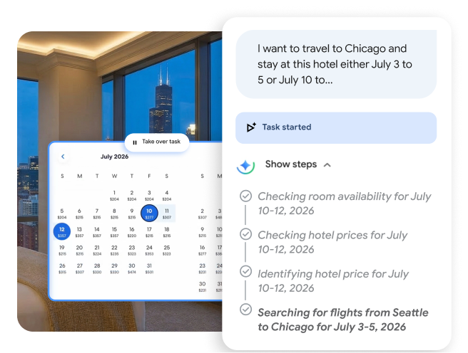 AI travel assistant interface overlaying a Chicago hotel view, showing booking steps and a July 2026 calendar.