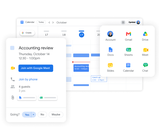 只需订阅 Google Workspace，即可获享 Google Meet、Chat、云端硬盘、文档、表格和幻灯片等服务。