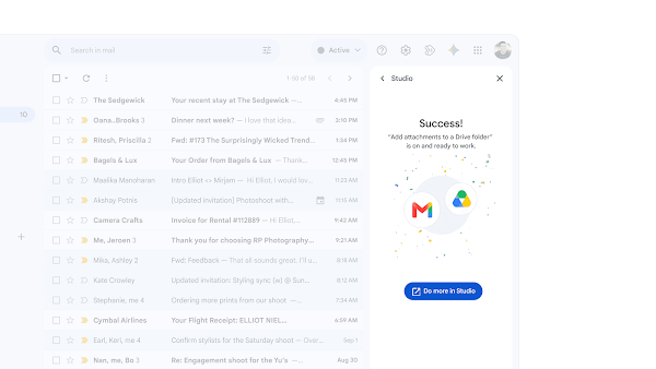 用户在 Gmail 中使用 Studio 启用了将附件添加到云端硬盘文件夹的功能。