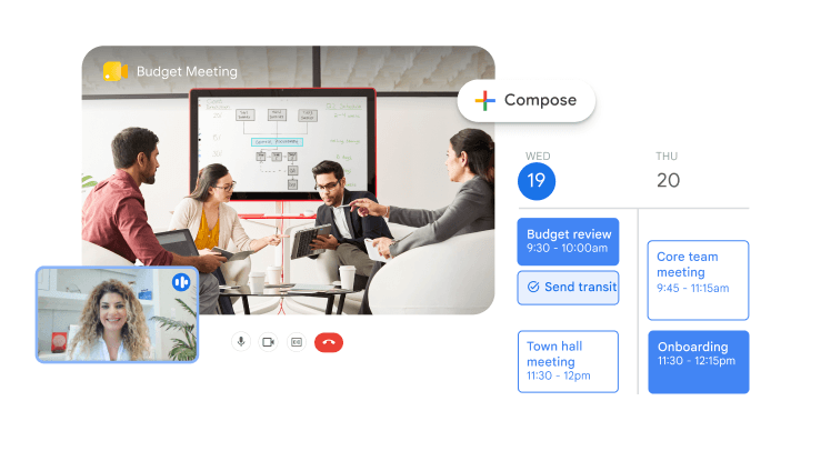 一个团队正在使用 Google Meet 审核预算流程图。图片中显示了正在进行的会议，以及一周日程的日历视图，突出显示了视频通话与时间管理功能之间的集成。