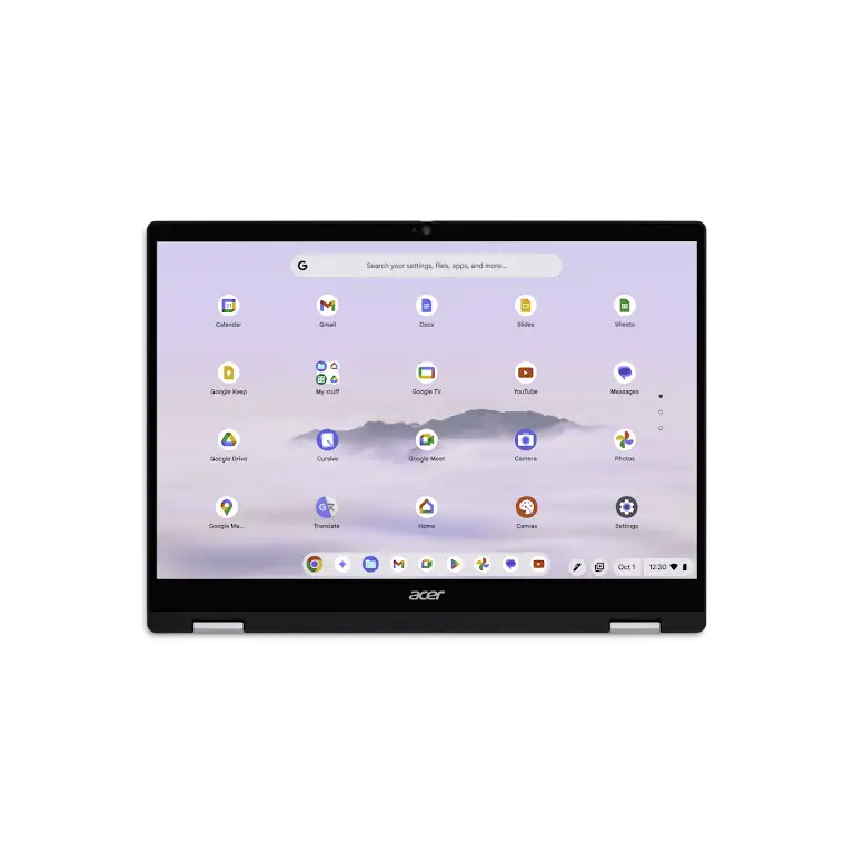 Acer Chromebook Plus Spin 514 device inverted with keys facing down, straightforward view of the apps screen.